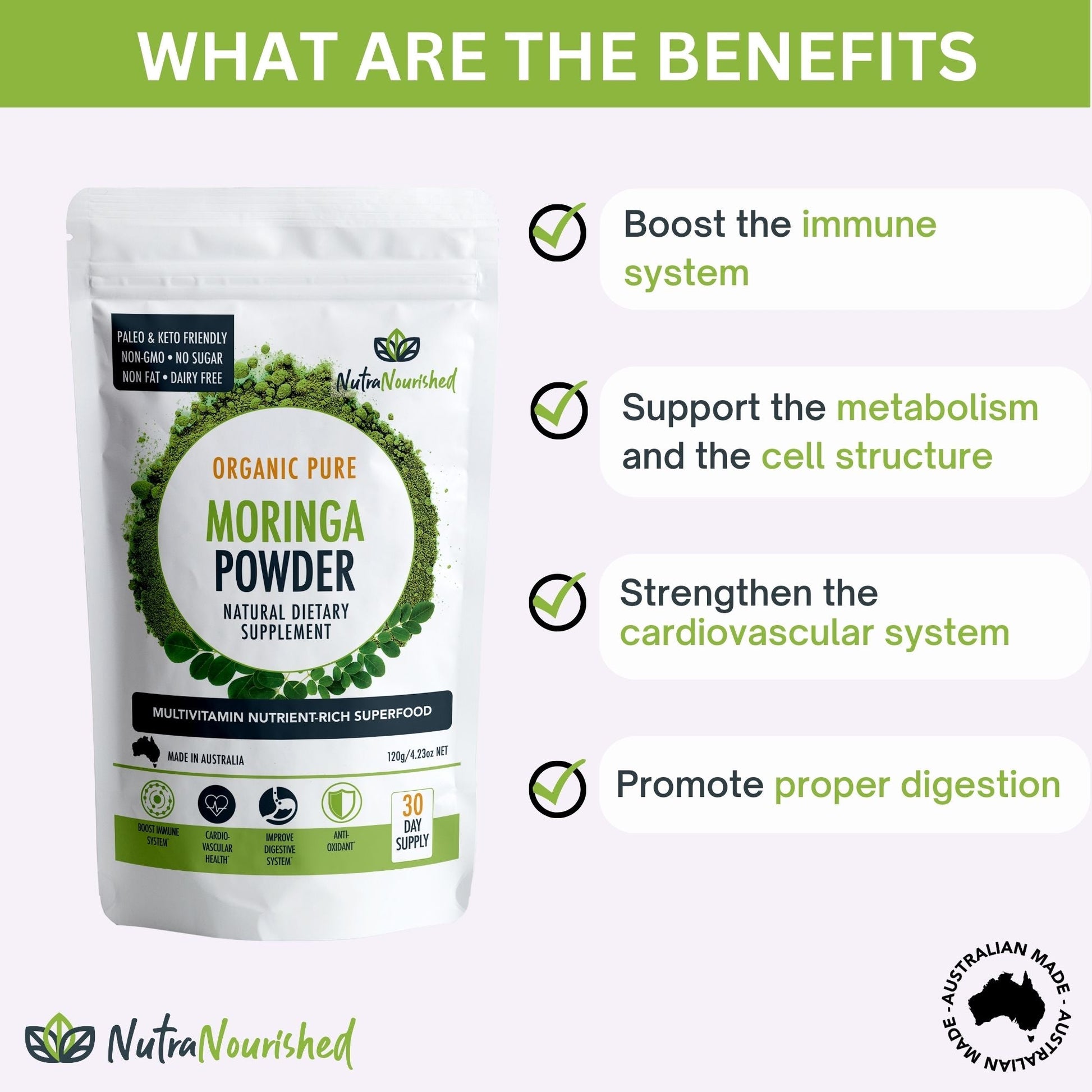 Organic Pure Moringa Leaf Powder 120g | Nutra Nourished-1
