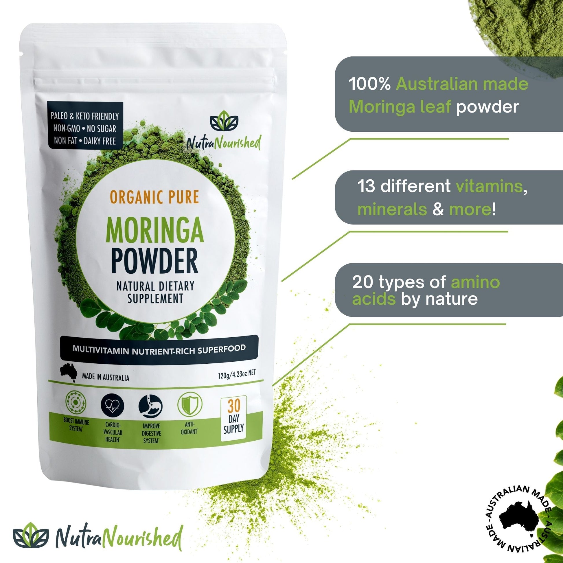 Organic Pure Moringa Leaf Powder 120g | Nutra Nourished-2
